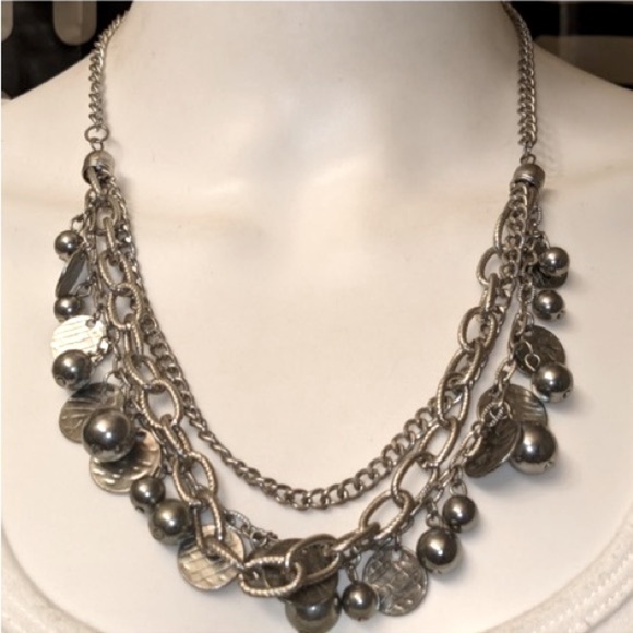 Silver Rocker Rebel Edgy Layered Bead Discs Coins Textured Chain Necklace - Picture 7 of 16